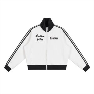 Contrast Side Stripe Fleece Cropped Track Jacket