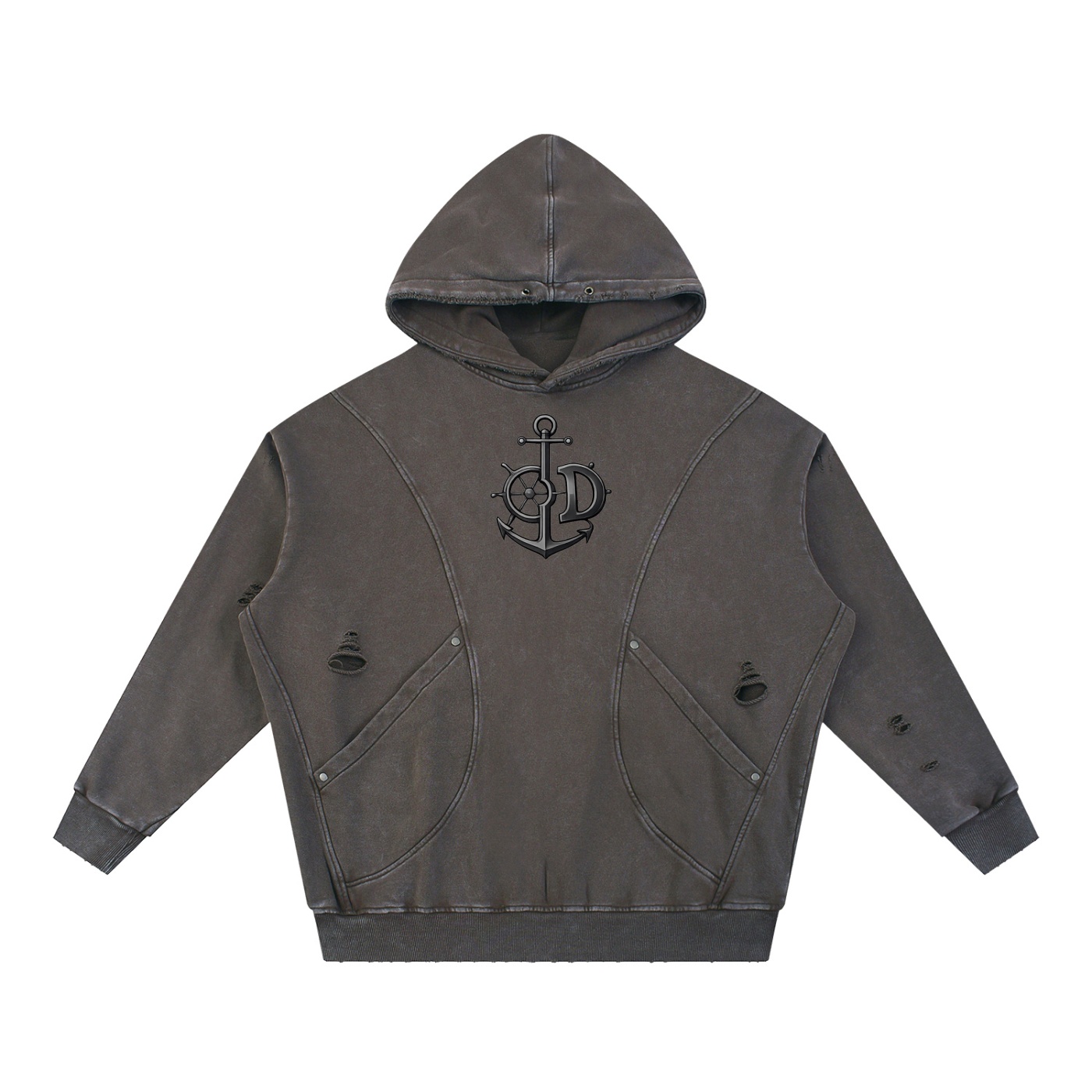 Snow Washed Distressed Panel Pocket Hoodie - Image 7