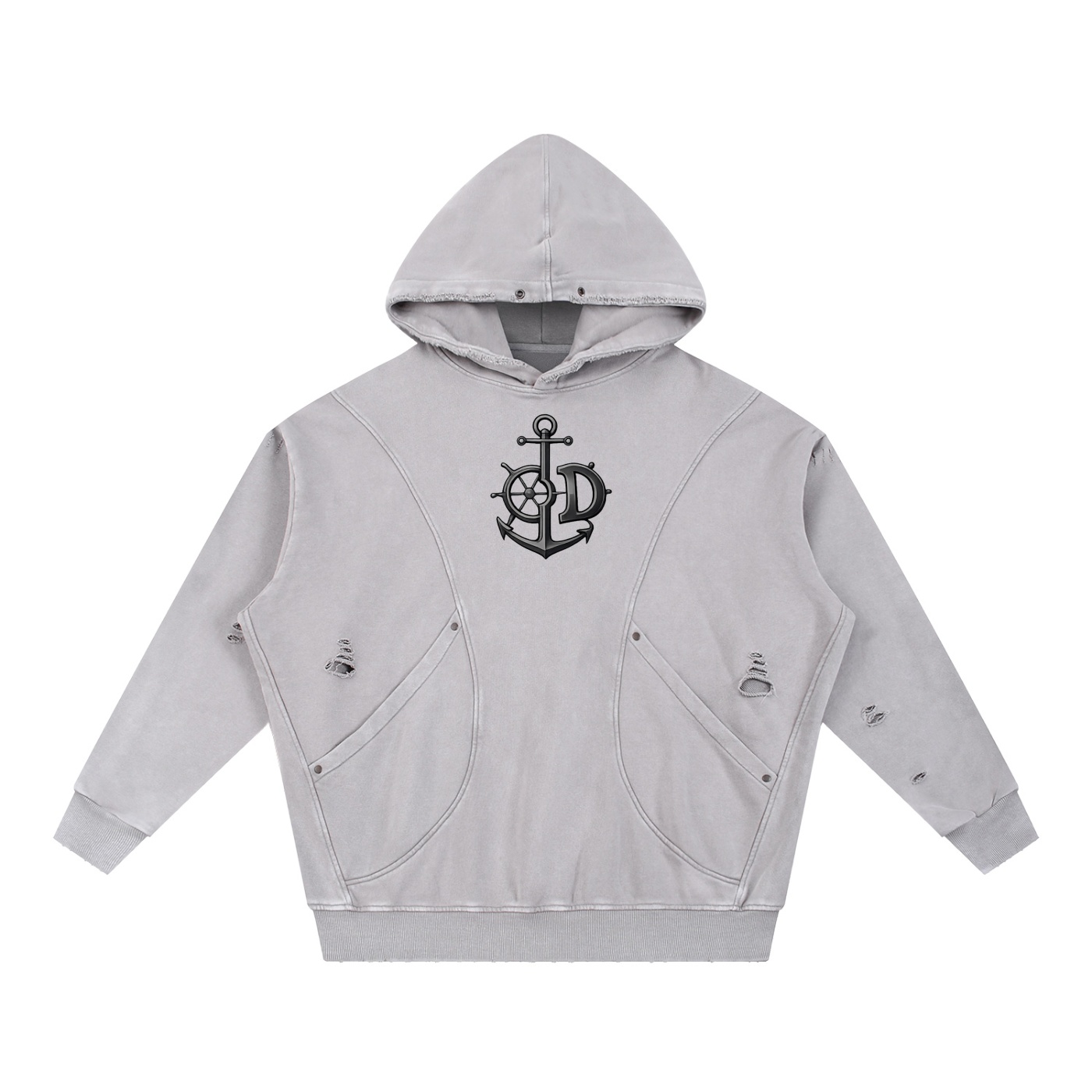 Snow Washed Distressed Panel Pocket Hoodie - Image 5